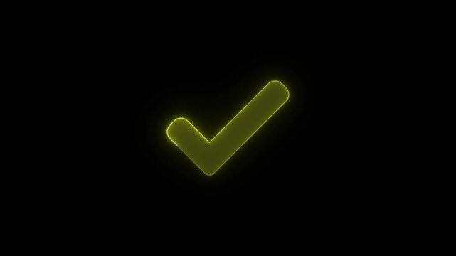 Glowing yellow neon checkmark icon blinking on dark background representing approval success and task completion animation.