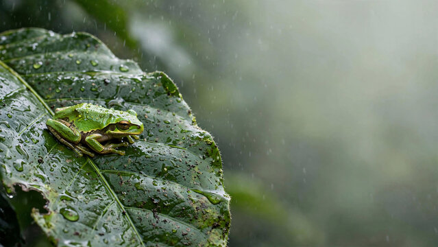 A vibrant green tree frog clings to a large, dew-covered leaf, as gentle rain falls in a lush, misty forest.