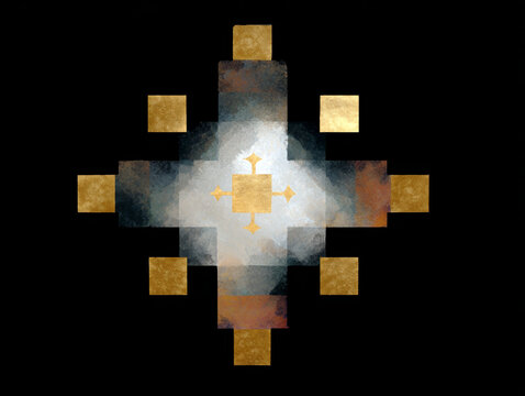 Andean chakana cross symbol with gold squares on black background for cultural map and spiritual emblem design