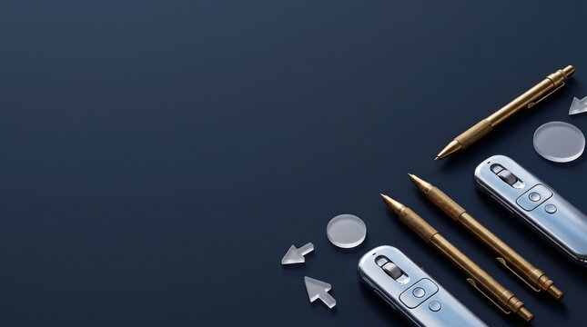 Golden pens and silver clickers arranged on a dark surface with directional arrows symbolizing business strategy