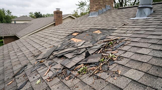 Photorealistic microstock photo of roof debris and broken sh