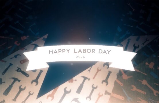 Happy labor day greeting card banner over tools pattern background with manual labor