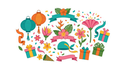 Fototapeta premium Vibrant Celebration Elements: Lanterns, Flowers, Gifts, Confetti & Ribbons