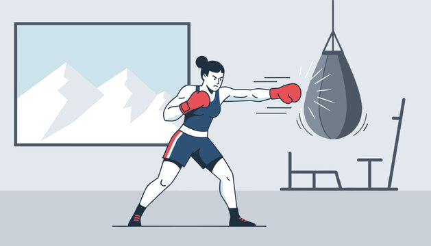 Determined young female boxer practicing powerful punches with a hanging punching bag inside a modern training gym.