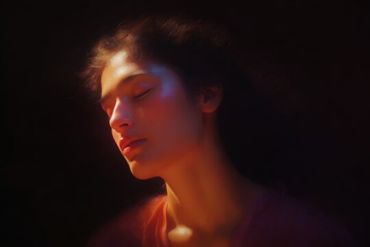 Soft portrait of a woman with warm colored aura and serene expression for moody background and editorial wellness design