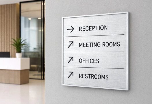 Modern office directional sign with arrows pointing to reception meeting rooms offices and restrooms in a professional workspace