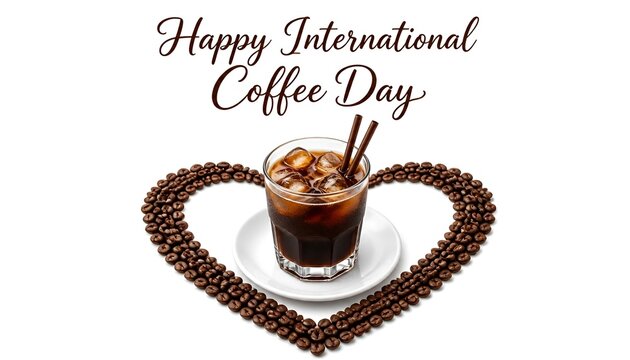 Happy International Coffee Day greeting card with iced coffee and heart shape