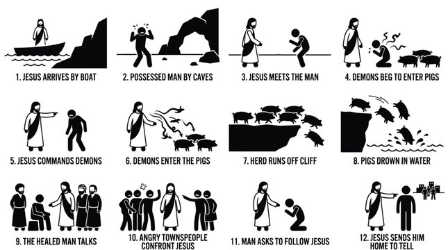 Biblical story of Jesus healing the possessed man depicted as a simple black white vector illustration
