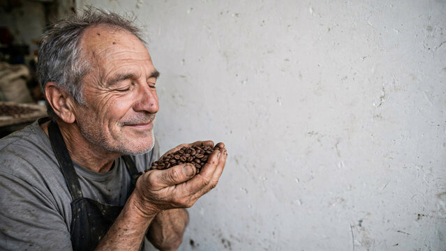 A skilled craftsman with weathered hands and closed eyes inhales the rich aroma of freshly roasted coffee beans, a testament to passion and dedication.