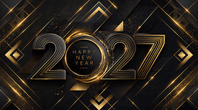 Elegant Black and Gold New Year 2027 Celebration Background with Luxury Typography and Sparkling Gold Accents 