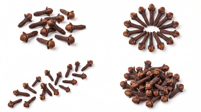 Dried clove spice buds arranged in various groups