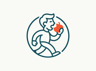 Fototapeta premium Energetic person enjoying a fresh apple while on the move, symbolizing healthy eating and an active lifestyle within a modern minimalist circle design