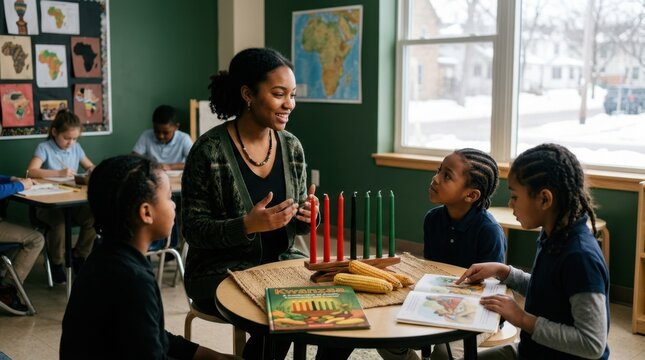 Kwanzaa Celebration in the Classroom: A teacher leads a Kwanzaa lesson, guiding young students in understanding the principles of this cultural celebration.