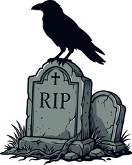 Obraz premium Mysterious raven standing atop an old weathered tombstone with a cross and RIP inscription for Halloween themes