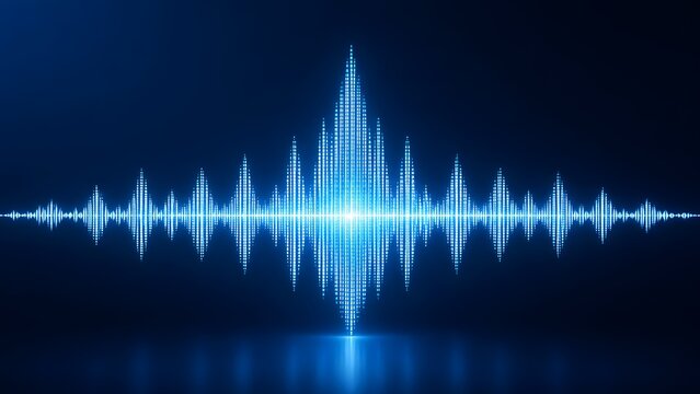 Glowing blue neon audio waveform sound frequency visualizer on dark digital background representing voice recognition and music processing