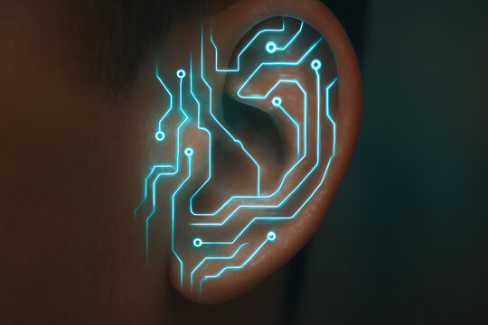 Futuristic digital ear with glowing circuit lines representing hearing technology