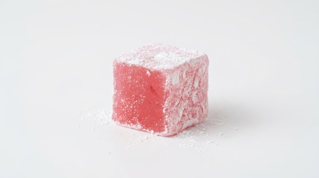 A single cube of pink turkish delight dusted with powdered sugar isolated on white background