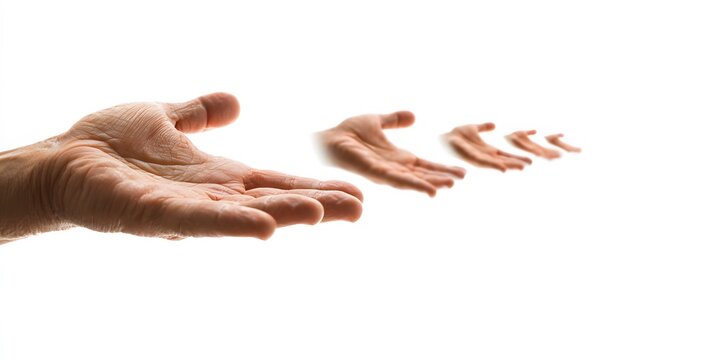 This image shows a human hand reaching forward while creating a distinct motion blur effect against a stark white background.