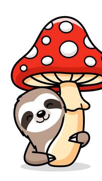 Cute cartoon sloth hugging a red and white spotted mushroom, motion graphic animation, whimsical forest elements