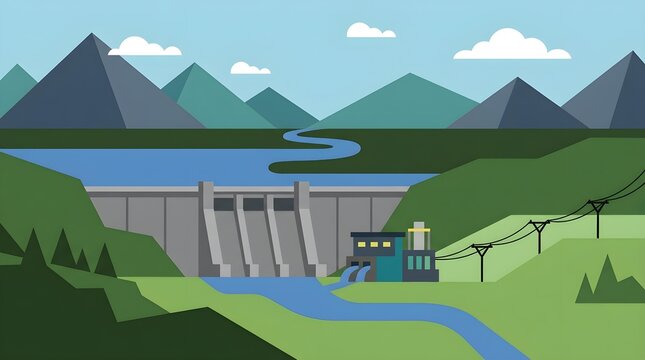 Modern vector illustration of a hydropower plant and dam located in a green mountain landscape with flowing river and electrical infrastructure.