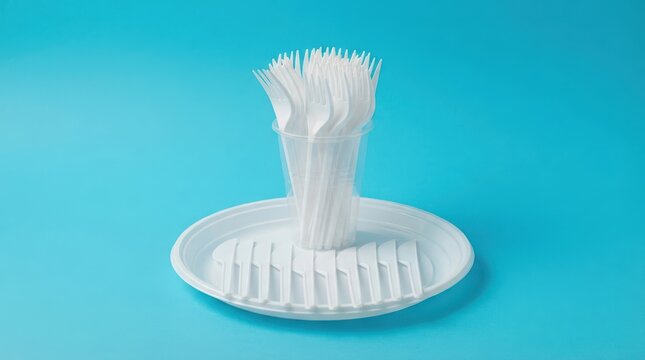Plastic forks in a cup and plastic knives on a plate