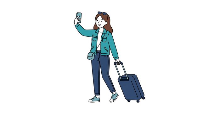 young woman tourist walking taking selfie with smartphone pulling luggage suitcase travel vector background graphic illustration
