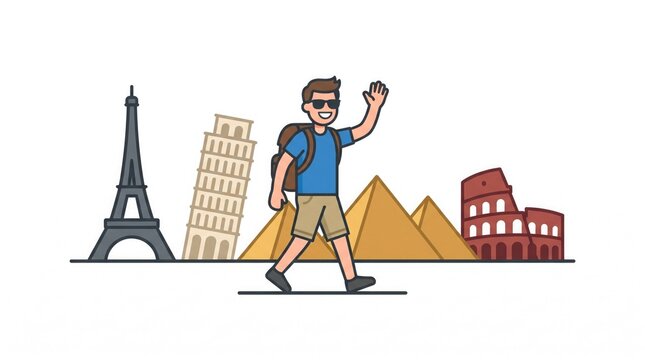 male tourist walking with backpack waving hand near famous world landmarks travel concept vector illustration