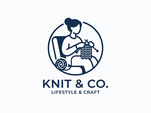Woman knitting logo vector. Female knitter sitting on armchair with yarn and needles illustration. Knit and Co lifestyle craft emblem design