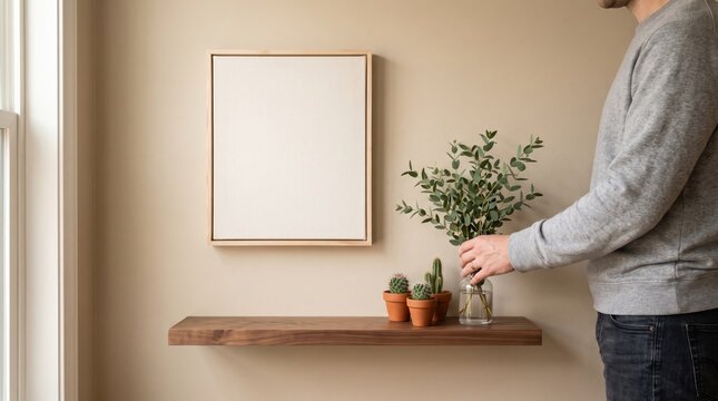 Man arranging eucalyptus branches in glass vase on wooden floating shelf, minimalist interior decoration, small potted cactus plants, blank picture frame mockup on beige wall