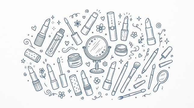 Hand drawn makeup and beauty products isolated on white background