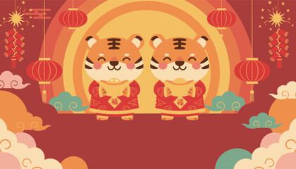 Fototapeta premium Two cute cartoon tigers wearing traditional red Chinese outfits wishing good fortune for lunar new year holiday.