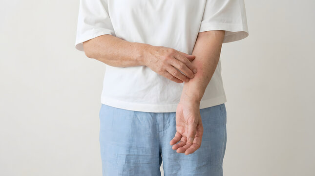 Senior individual in a white short-sleeved shirt and light blue linen pants gently examining a red spot on their left forearm with their right hand against a plain white background featuring person