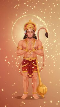 Vertical Animation of Lord Hanuman Praying with Divine Aura