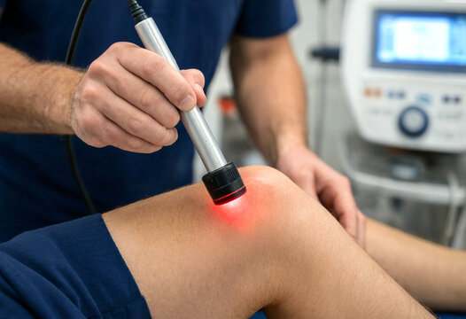Medical professional performing laser therapy treatment on patient knee for pain relief and rehabilitation