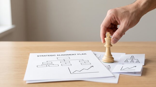 Hand moving chess king piece over strategic alignment plan documents with organizational charts and graphs, symbolizing business leadership, decision making, corporate strategy