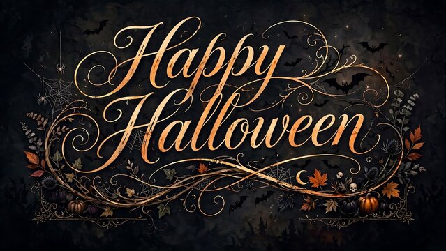 Elegant happy halloween calligraphy with spooky flourishes and dark seasonal background