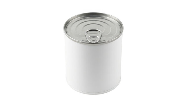 Blank white tin can with pull tab lid for food packaging, isolated on transparent background