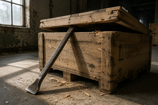 Steel pry bar opening wooden shipping crate lid, tools and construction concept