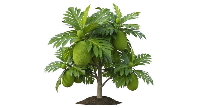 Breadfruit tree with green tropical fruits isolated on white background