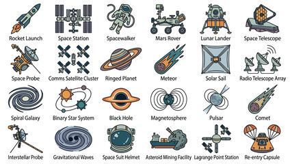 Collection of space exploration vector illustrations on a white background © SERINA AKTHER