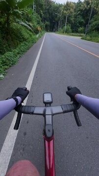 POV Cyclist on Scenic Road Surrounded by Lush Greenery and Tall Trees on a Serene Outdoor Adventure
