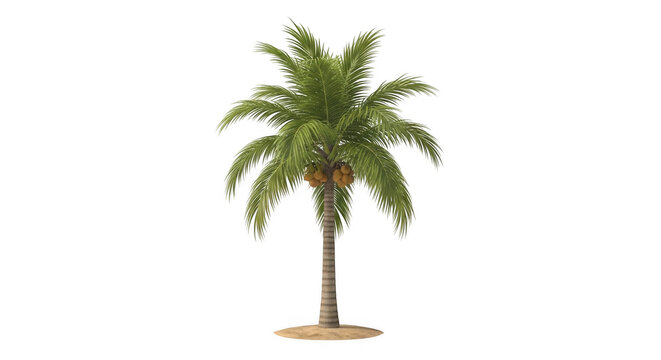 Single palm tree isolated on white background, tropical plant cutout for design projects.