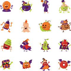 Obraz premium Halloween fantasy characters featuring crystal balls, potions, reapers, lanterns, creepy desserts, magical animals, fruit monsters, haunted objects.