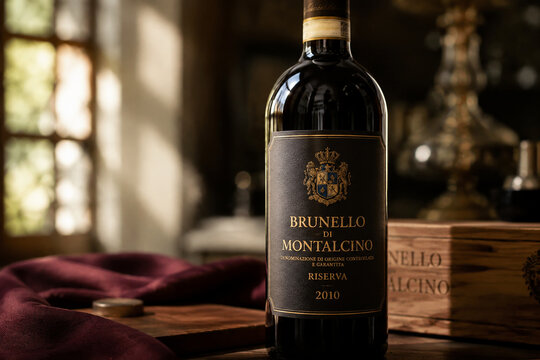 Aged brunello wine bottle with deep crimson liquid in soft light.