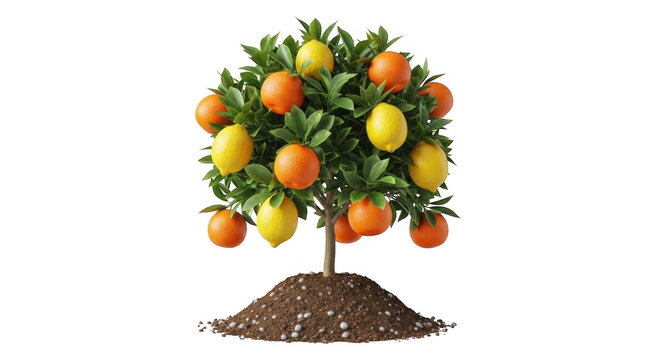 Small citrus tree with ripe lemons and oranges isolated on white background