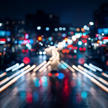 Blurred night city street car traffic light trails bokeh background