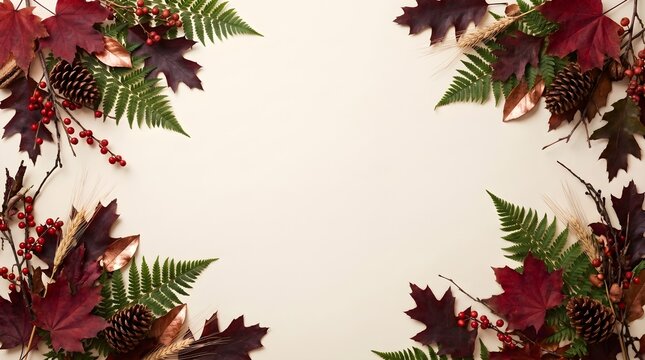 Dark autumn leaf frame border flat lay composition with burgundy foliage pine cones composition burgundy botanical