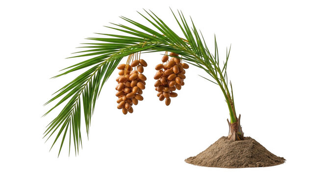 Date palm branch with ripe fruit clusters isolated on white background