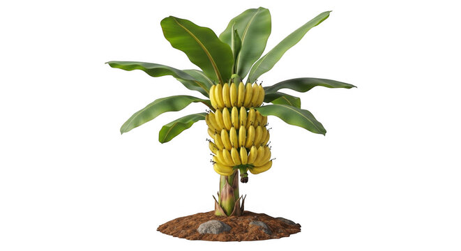 Small banana tree with a bunch of ripe yellow bananas isolated on white background