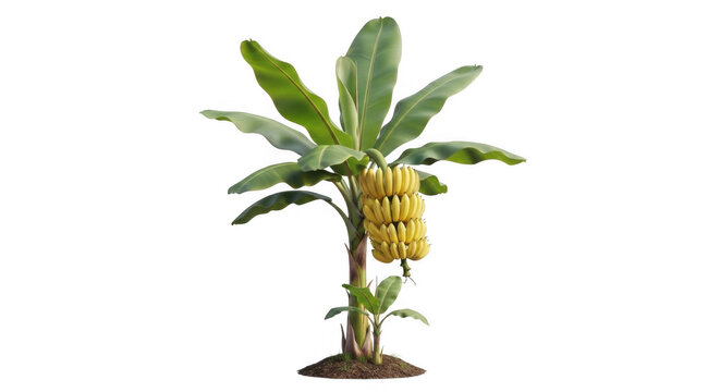 Banana tree with a bunch of ripe yellow bananas isolated on white background